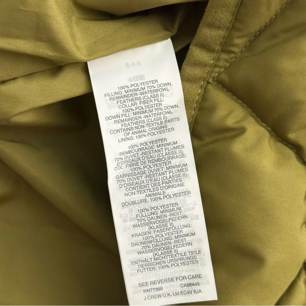 J.Crew Quilted Puffer Excursion‎ Vest Size XXS Olive Green Sleeveless Full Zip